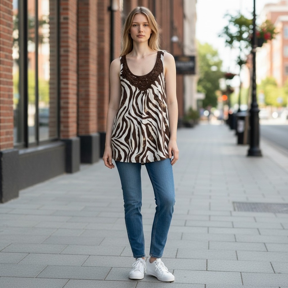 Jones New York Signature Zebra Print Dress M Brown‎ Boho Crochet Trim Shift